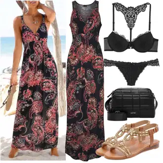 sviatočné Outfit sa Crvena/Žuta/Smeđa/Tamnocrvena Maksi Haljina/Duga Ljetna Haljina/Haljina S Printom/Duga Haljina Lascana "Outfit za odmor"Look: Boja, Preodjeven, Mom, Jazz, Boho, Sveučilišna, Hippie, Rap, sviatočné