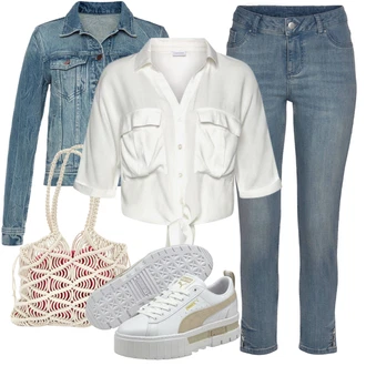 Tradicionalne kombinacije Denim/Traper sa Plava/Svjetloplava Kratka Traper Jakna/Traper Jakna Lascana, Siva/Plava/Svjetloplava Hlača Velika Veličina Lascana "Outfit za plažu"