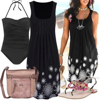 Matični ured Zima Outfit sa Crna/Tamnoplava/Žuta Platnena Haljina/Haljina Bez Rukava BEACH TIME "Outfit za plažu"Look: Matični ured
