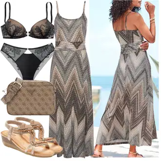 Elegantan Outfit sa Siva/Ljubičasta/Bež/Bijela/Smeđa Haljina Veći Broj Lascana "Outfit za plažu"Look: Boja, Elegantan, Empire, 20-ih godina, Preodjeven, Jazz, Boho