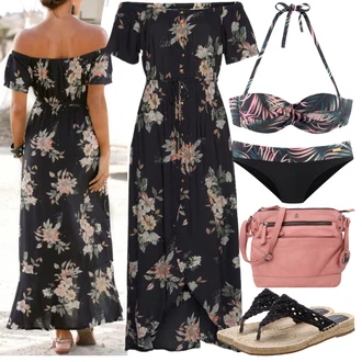 Tropski Outfit sa Pink/Plava Push-up grudnjak bez naramenica/Bandeau Grudnjak/Balkonet Grudnjak/Push-up grudnjak s halterima Lascana, Crna/Tamnozelena/Pink/Smeđa Donji dio bikinija/Bikinji hotpant/Balconette Bikini/Kupaće gaće/Bikini hlača Lascana "Outfit za plažu"