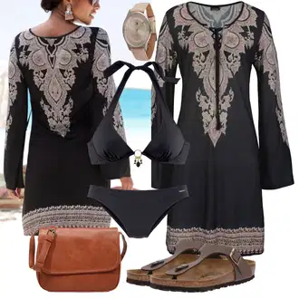 za srednje godine Outfit sa Crna/Zeleno/Bež/Ljubičasta/Smeđa Haljina s trubastim rukavom/Haljina tunika/Barock Haljina/Platnena Haljina Dugih Rukava Lascana "Savršeno za ljeto"Look: Steampunk, za srednje godine, Western, Empire, Etno