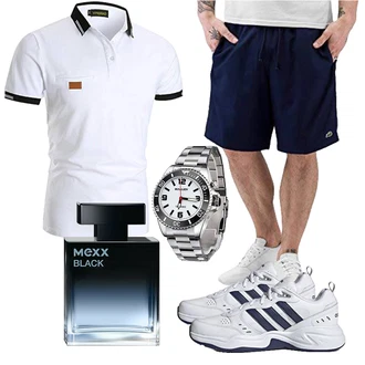 Outfit mit Dunkelblau/Blau Baggy Short/Mesh Short/Sweatshorts/Bermuda/Kurze Hose/Musselin Shorts/Leinen-short Lacoste "Perfekt für die Freizeit"