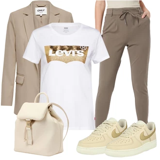Streetwear Outfit s Béžová/Khaki Teniska Skate Bota/Vintage Teniska/Nízká Teniska/Kožené Tenisky Nike Sportswear "Perfektní na léto"Look: Estetika, Sportovní, Streetwear