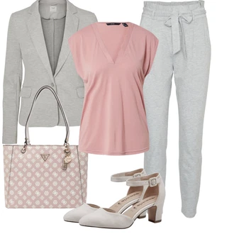 Outfit s Šedá/Světle šedá Ležérní Kalhoty/Fleecová Kalhoty/Žerzejová Kalhoty/Jogger Kalhoty/Lněné Kalhoty/Paperbag Kalhoty/Teplák VERO MODA "Pestrý letní outfit"