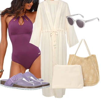 Outfit s Tmavě modrá/Fialová/Růžová Jednodílné Plavky/Tankin s hlubokým výstřihem/Ohlávkou/Plavky Halterneck/Plavky monokiny/Plavky s průstřihem Lascana "Plážový outfit"