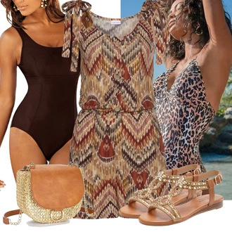 Outfit s Černá/Hnědá/Béžová/Tmavě hnědá Plavky s minimálním střihem/Formující tankini/Zeštíhlující Plavky/Tvarující Plavky/Bezdrátový Plavky/Jednodílné Plavky/Síťovaný Plavky Lascana, Hnědá/Béžová/Žlutá Plavky Push-up tankini/Tankin s hlubokým výstřihem/Tankiny set/Tankin Push-up/Tankiny vrchní díl/Formující tankini/Ohlávkou/Souprava Lascana "Plážový outfit"