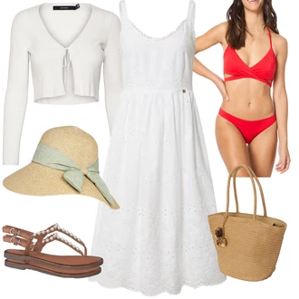 Výstřih na ramena Outfit s Bílá/Krémová Letní Šaty/Šaty na Konfirmaci/Bavlněné Šaty/Francouzské šaty/Mušelínové šaty/Občanské šaty Rich & Royal "Plážový outfit"
