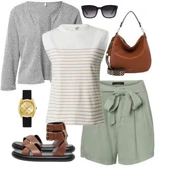 Outfit s Světle zelená/Tmavě zelená/Zelená/Khaki Košile Lněný kraťas/Papírové Šortky VERO MODA "Pro slunečné dny"