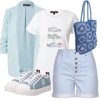 Outfit s Světle modrá/Modrá Košile Vysoký pas Kraťasy/Šortky/Chino Kraťasy/Bermuda/Džínový Šortky/Mušelínové Šortky Lascana "Pro slunečné dny"