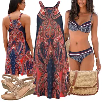 za srednje godine Outfit sa Plava/Crvena Briddle Haljina/francuska haljina/Barock Haljina/Haljina S Printom Lascana "Savršeno Za Ljeto"Look: Western, Hippie, Boho, Etno, za srednje godine, Traditional, Ekstravagantno