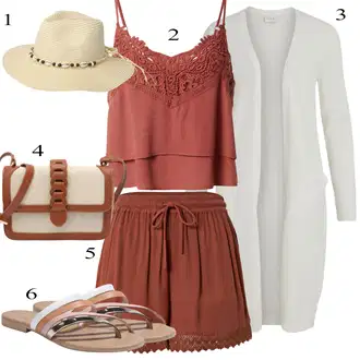 Outfit s Červená/Oranžová/Hnědá/Tmavě hnědá Sieťový kraťas/Mušelínové Šortky/Šortky/Pytlovitý Šortky About You "Stylová letní nálada"