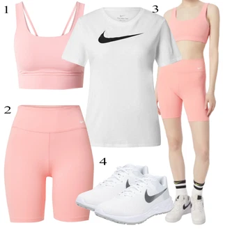 Športne Outfiti mit Roza/Bež/Modra Nike, Roza/Bež/Modra Nike, Pastelne barve Nike, Siva/Lila barve Nike "poletni videz"