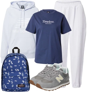 Outfit s Šedá/Bílá/Krémová Pumpová Kalhoty/Mrkvová Kalhoty/Mušelínové kalhoty/Plisovaná kalhoty/Tradiční Kalhoty/Kalhoty s nášivkou uprostřed/Plisovaná Kalhoty/Jogger Kalhoty/Baggy Kalhoty/Navlékací Kalhoty/Žerzejová Kalhoty New Balance "Sportovní letní outfity"