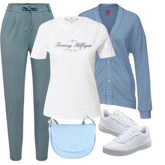 Outfit s Světle modrá/Modrá/Šedá Kardigan Vintage svetr/Svetr s podšívkou/Kardigán s výstřihem do V/Vlněný kardigán/Bavlněný svetr S.Oliver "Sportovní letní outfity"