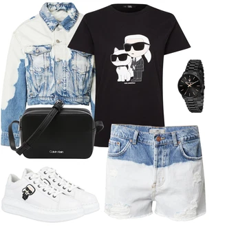 Outfit s Světle modrá/Bílá/Krémová Košile Vysoký pas Kraťasy/Džínový Šortky LTB "Sportovní letní outfity"