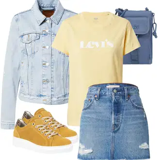 Džínovina Outfit s Modrá/Světle modrá Krátká Sukně/Džínová vintage sukně/90tá Léta Sukně/Džínová Sukně levi's ® "Stylová letní nálada"