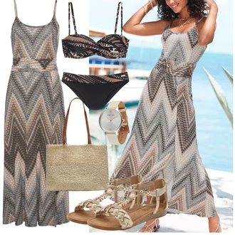Outfit s Šedá/Hnědá/Fialová/Béžová/Bílá Dlouhé pletené šaty/Společenské šaty pro hosta/Tvidové šaty/Maxi Šaty/Dlouhé Letní Šaty Lascana "Stylová letní nálada"
