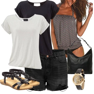 Outfit s Bílá/Tmavě šedá/Červená/Černá Souprava/Tankiny set/Push-up tankini/Ohlávkou/Tankiny vrchní díl JETTE "Stylová letní nálada"