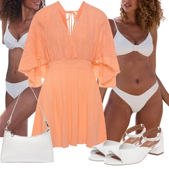 Outfit s Béžová/Bílá/Krémová/Černá Bikiny s průstřihem/Balconette-bikini/Zavinovací bikini/Provázkové bikini/Trojúhelníkové Bikiny/S Kosticemi/Kožené bundy pro muže/Push-up bikini/Bikina s vysokým pasem SUNSEEKER "Stylová letní nálada"