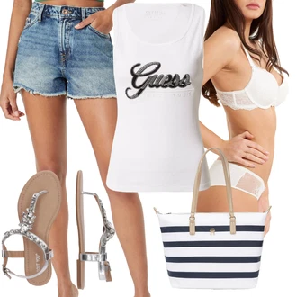 Outfit s Růžová/Modrá/Světle modrá/Hnědá Košile Džínový Šortky/Vysoký pas Kraťasy Only "Stylová letní nálada"