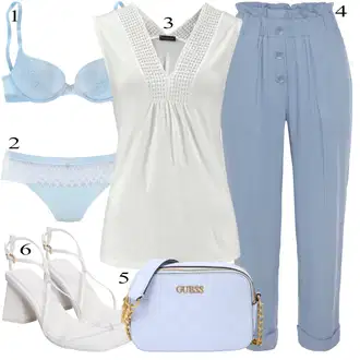 Šik Outfit sa Svjetloplava/Plava Hlače S Naborom/Hlače s prednjim naborom/3/4 Hlača/Boyfriend Hlače/Carrot Hlače/Hlače Visokog Struka/Hlače od muslina/Hlače s Prorezom/Paperbag Hlača/Slip-on Hlača Lascana "Outfit za ljeto"Look: Rap, 50-ih godina, 90-ich, klasický, Šik, cool, Elegantan, Prekrasan, Ured, Old Money, Vanjski