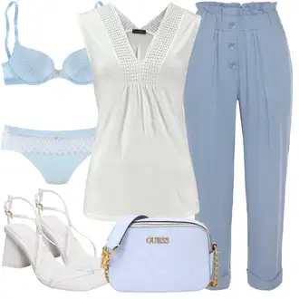 Šik Outfit sa Svjetloplava/Plava Hlače S Naborom/Hlače s prednjim naborom/3/4 Hlača/Boyfriend Hlače/Carrot Hlače/Hlače Visokog Struka/Hlače od muslina/Hlače s Prorezom/Paperbag Hlača/Slip-on Hlača Lascana "Outfit za ljeto"Look: Rap, 50-ih godina, 90-ich, klasický, Šik, cool, Elegantan, Prekrasan, Ured, Old Money, Vanjski