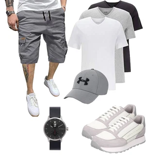 Old Money Outfit mit Grau/Khaki/Hellgrau/Dunkelgrau Cargo Short/Baggy Short/Capri/Kurze Hose AlvaQ "Urlaub Outfit"Look: Sportlich, Casual, Classic, Rad, Outdoor, Boyfriend, Hip Hop, Coole, Rap, Techno, 90er, Old Money