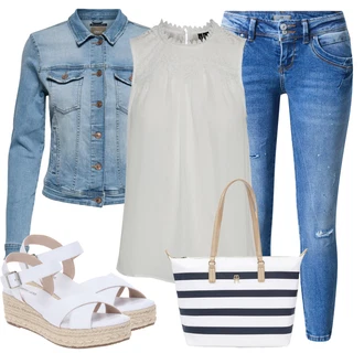 Zapínání na knoflíky Outfit s Šedá/Bílá/Krémová Tričko & Top Krajkované tričko/Krajkový Top/Halenka Bez Rukávů/Pánské boty VERO MODA "Vkusný letní outfit"