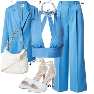 outfit mit Svetlo modra/Modra Nagubane hlače/Obleka Hlača/Hlače z Visokim Pasom/Marlene Hlača/Hlače iz muslina/Palazzo Hlača/Hlača z Razporkom/Plisirane Hlače/Plisirane spredaj hlač/Široka Hlača about you x laura giurcanu "poletni videz"