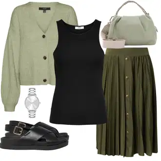 Outfit s Tmavě zelená 50tého Léta Sukně/Sukně do Délky Lýtka/Křesťanská Sukně/Sukně Pro Vysokou Školu/Italská Sukně/Středověká Sukně/Midi Sukně/Moderní Sukně/Plisovaná sukně/Vázací Sukně/Zimní Sukně About You "Výrazný letní vzhled"