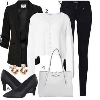 Móda pro plnoštíhlé Outfit s Bílá/Šedá/Krémová Halenkové Body/Otevřená Halenka/Sportovní Halenka/Kožená bunda pro muže/Halenka s Dlouhým Rukávem/Halenka s Kapucí/Carmen Blůza/Halenka/Crash blůza/Lněná Halenka/Blůza s knoflíčkem/Slip-on Halenka About You "Oblečení do kanceláře"