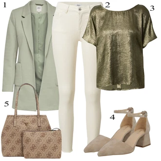 Outfit s Béžová/Tmavě zelená/Hnědá Halenka s Krátkým Rukávem/Otevřená Halenka/Flitrová Halenka/Hedvábná Halenka/Neobvyklá Halenka/Halenkový Top/Crash blůza/Slavnostní Halenka/Saténová Halenka/Třpytivá Halenka Vila "Oblečení do kanceláře"