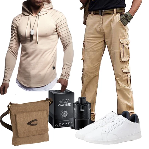 Schick Khaki/Beige Wickel Pullover/Strick Hoodie/Sport Sweatshirt/Pullover mit Stehkragen/Ausgefallener Hoodie/Sport Hoodie/Kapuzenpullover Leif Nelson kombinierenLook: Leger, Schick, Moderne, Goa, Coole, Empire, Outdoor, Schön, Techno