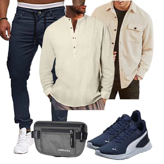 Leinen Outfit mit Beige/Weiß/Braun/Khaki Business Hemd/Casual Hemd/Hemdbluse/Musselin Hemd Meilicloth "Cooles Outfit"