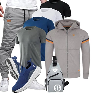 Groß Outfit mit Grau/Hellgrau/Dunkelgrau/Orange 2-in-1 Pullover/KapuzenPullover/Strick Hoodie/Sport Sweatshirt/Sweatjacke/Pullover mit Reißverschluss/Sport Hoodie Riverso "Cooles Outfit"