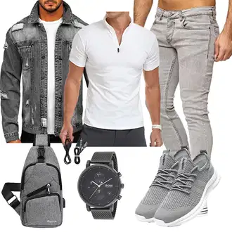 Party Outfits mit Grau/Dunkelgrau/Hellgrau/Schwarz Außergewöhnliche Jacke/Kurze Jeansjacke BOLF, Schwarz/Grau Unkategorisiert Boss "Cooles Outfit"