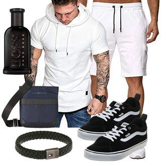 Outfit mit Creme/Dunkelblau/Khaki/Weiß Cargo-Jogginghose/Cargo Short/Bermuda/Kurze Hose/Musselin Shorts/Caprihose/Sport mittellange Hose/3/4 Hose/Cargohose/Pumphose/Strandhose Reslad "Cooles Outfit"