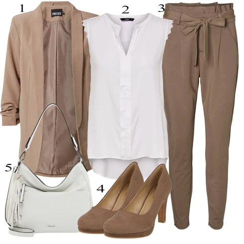 Kombinace Hnědá/Khaki/Béžová Paperbag Kalhoty/Ležérní Kalhoty/Mušelínové Kalhoty VERO MODA kombinovat s Bílá/Šedá/Hnědá Halenka Móda Pro Plnoštíhlou/Tunika Only