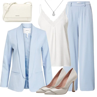 Djeveruša Outfit sa Svjetloplava/Plava Hlače Marlene Hlača/Palazzo Hlača/Hlače s Prorezom/Pidžama Hlača/Široka Hlača/Muška Kožna Jakna/Hlače od muslina/Slip-on Hlača/Jersey Hlača/Culotte Hlačice Object "Elegantan Outfit"