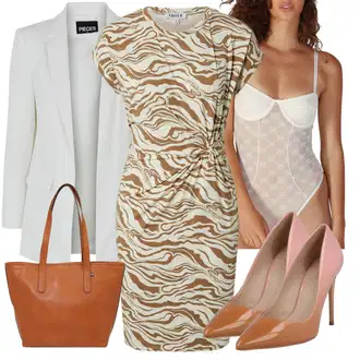 Outfit s Zelená/Béžová/Zlatý/Hnědá/Bílá Žerzejové Šaty/Šaty na safari/Kancelářské šaty/Pouzdrová Šat/Šaty S Potiskem/Zavinovací Šaty/Společenské šaty pro hosta/Občanské šaty/Pouzdrové Šaty/Šaty S Rovným Střihem Edited "Elegantní letní outfit"