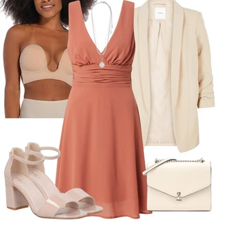 Outfity pro 18. narozeniny Host s Béžová/Khaki Nezařazené Pieces, Růžová/Hnědá/Béžová Sandál Na Podpatku/Sandál s podpatkem/Sandál Na Širokém Podpatku About You, Šedá/Stříbrný Collier/Jemný Řetízek/Statement náhrdelník/Bohatě zdobený náhrdelník Pilgrim "Elegantní letní outfit"