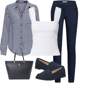 Outfit s Tmavě modrá/Modrá/Pastelové barvy/Světle modrá Tunikové Tričko/Blůza s knoflíčkem/Halenka S 3/4 Rukávem/Lněná Halenka/Dlouhá Halenka/Slip-on Halenka Only "Elegantní letní outfit"