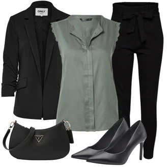 Outfit sa Crna Hlača sa Stremenom/Hlače Visokog Struka/Paperbag Hlača/Pletena Tajica VERO MODA "Elegantni Ljetni Outfit"