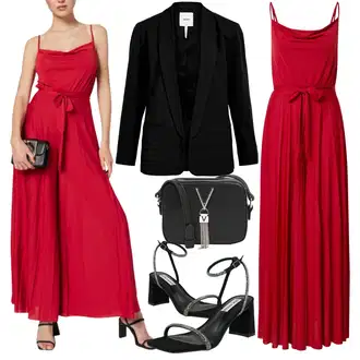 Šik Svatovski gost Outfit sa Crvena/Tamnocrvena Vjenčanje Kombinezon/Kombinezon s halterima/Svečani Kombinezon/Plisirani Kombinezon/Kombinezon širokih nogavica/Ljetni Kombinezon/Elegantni Kombinezon guido maria kretschmer women "Elegantni Ljetni Outfit"Look: Rap, Preodjeven, Old Money, Talijanski, Šik, Španjolske, Elegantan, 70-ich, Romantičan