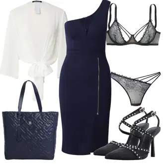 Jedno rame Outfit sa Tamnoplava Asimetrična Haljina/Haljina na Jedno rame/Haljina s Prednjim Patentnim Zatvaračem Wal g. "Elegantni Look"