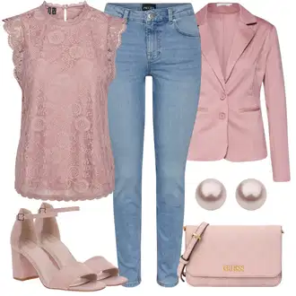 Kombinacije od trapera Zvonoliki kroj sa Pink/Ljubičasta Bluza i Tunika/Majica I Top Veći Broj/Bluza Veći Broj Pieces "Elegantni look"