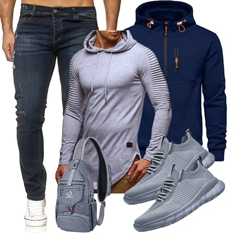 Schick Grau/Hellgrau Sport Sweatshirt/Ausgefallener Hoodie/Strick Hoodie/Sport Hoodie/Pullover mit Stehkragen Leif Nelson kombinierenLook: Schön, Schick, Empire, Leger, Moderne, Goa, Coole, Outdoor
