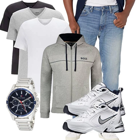 Grau/Braun/Beige/Dunkelblau Kastenjacke/Trachtenstrickjacke/Strickfleecejacke/Laufjacke/Jacke mit Seitlichem Reißverschluss/Uniformjacke/Segeljacke/Sportjacke/Kapuzenjacke Boss kombinieren