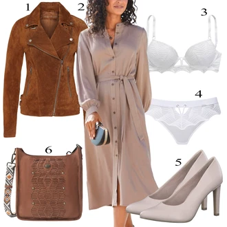 Dlouhé Outfit s Hnědá/Fialová/Béžová/Šedá Košilové šaty/Halenkové Šaty/Šaty s Páskem Lascana "Outfit na podzim"